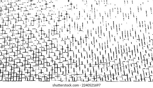 Monochrome texture composed of irregular graphic elements. Distressed uneven grunge background. Abstract vector illustration. Overlay for interesting effect and depth. Isolated on white background.
