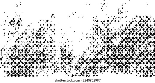 Monochrome texture composed of irregular graphic elements. Distressed uneven grunge background. Abstract vector illustration. Overlay for interesting effect and depth. Isolated on white background.
