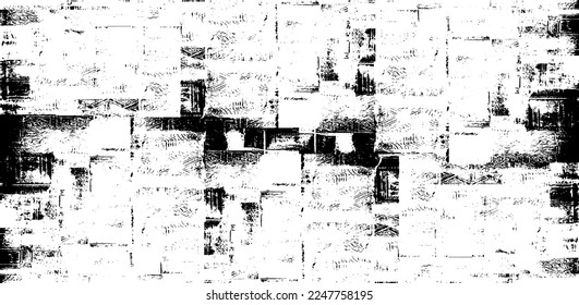 Monochrome texture composed of irregular graphic elements. Distressed uneven grunge background. Abstract vector illustration. Overlay for interesting effect and depth. Isolated on white background.