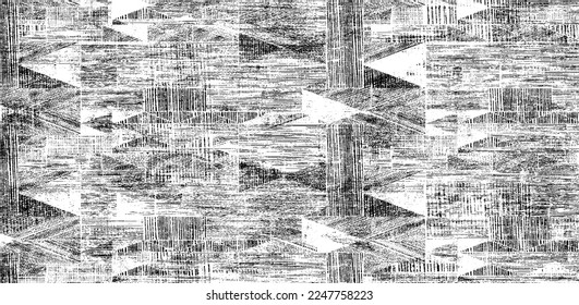 Monochrome texture composed of irregular graphic elements. Distressed uneven grunge background. Abstract vector illustration. Overlay for interesting effect and depth. Isolated on white background.