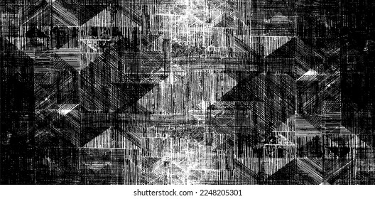 Monochrome texture composed of irregular graphic elements. Distressed uneven grunge background. Abstract vector illustration. Overlay for interesting effect and depth. Isolated on white background.