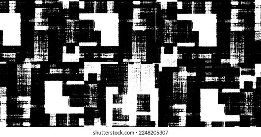Monochrome texture composed of irregular graphic elements. Distressed uneven grunge background. Abstract vector illustration. Overlay for interesting effect and depth. Isolated on white background.
