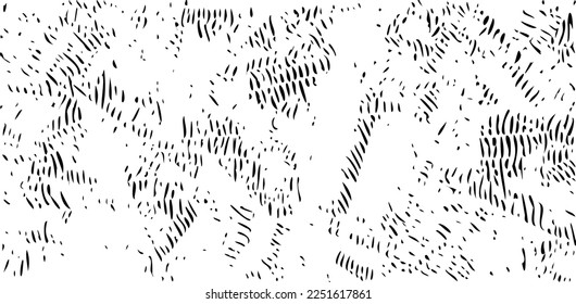 Monochrome texture composed of irregular graphic elements. Distressed uneven grunge background. Abstract vector illustration. Overlay for interesting effect and depth. Isolated on white background.