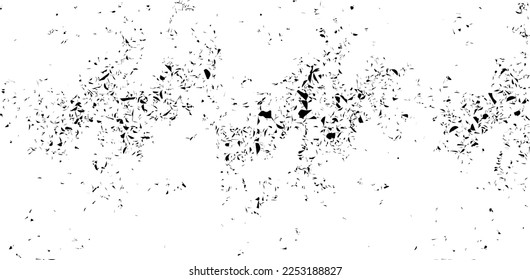 Monochrome texture composed of irregular graphic elements. Distressed uneven grunge background. Abstract vector illustration. Overlay for interesting effect and depth. Isolated on white background.
