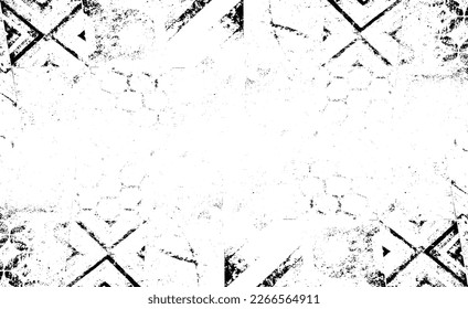 Monochrome texture composed of irregular graphic elements. Distressed uneven grunge background. Abstract vector illustration. Overlay for interesting effect and depth. Isolated on white background.