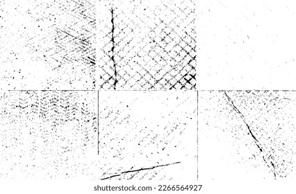 Monochrome texture composed of irregular graphic elements. Distressed uneven grunge background. Abstract vector illustration. Overlay for interesting effect and depth. Isolated on white background.