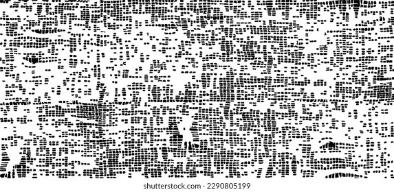 Monochrome texture composed of irregular graphic elements. Distressed uneven grunge background. Abstract vector illustration. Overlay for interesting effect and depth. Isolated on white background.