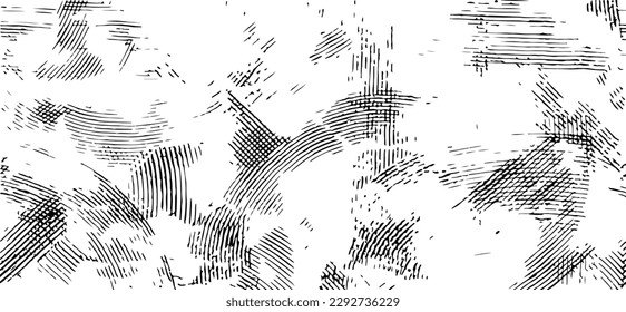 Monochrome texture composed of irregular graphic elements. Distressed uneven grunge background. Abstract vector illustration. Overlay for interesting effect and depth. Isolated on white background.
