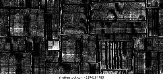 Monochrome texture composed of irregular graphic elements. Distressed uneven grunge background. Abstract vector illustration. Overlay for interesting effect and depth. Isolated on white background.