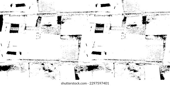 Monochrome texture composed of irregular graphic elements. Distressed uneven grunge background. Abstract vector illustration. Overlay for interesting effect and depth. Isolated on white background.