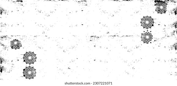 Monochrome texture composed of irregular graphic elements. Distressed uneven grunge background. Abstract vector illustration. Overlay for interesting effect and depth. Isolated on white background.