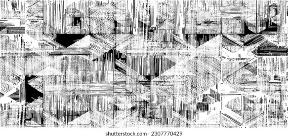 Monochrome texture composed of irregular graphic elements. Distressed uneven grunge background. Abstract vector illustration. Overlay for interesting effect and depth. Isolated on white background.