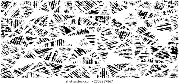 Monochrome texture composed of irregular graphic elements. Distressed uneven grunge background. Abstract vector illustration. Overlay for interesting effect and depth. Isolated on white background.