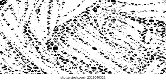 Monochrome texture composed of irregular graphic elements. Distressed uneven grunge background. Abstract vector illustration. Overlay for interesting effect and depth. Isolated on white background.