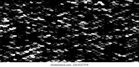 Monochrome Textur aus unregelmäßigen grafischen Elementen. Unruhestifter ungleicher brüchiger Hintergrund. Abstrakte Vektorgrafik. Overlay für interessante Wirkung und Tiefe. Einzeln auf weißem Hintergrund.