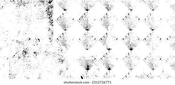 Monochrome texture composed of irregular graphic elements. Distressed uneven grunge background. Abstract vector illustration. Overlay for interesting effect and depth. Isolated on white background.