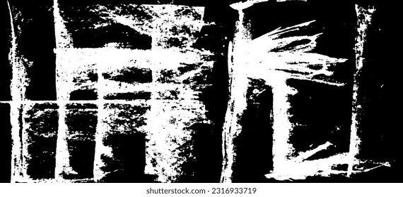 Monochrome texture composed of irregular graphic elements. Distressed uneven grunge background. Abstract vector illustration. Overlay for interesting effect and depth. Isolated on white background.
