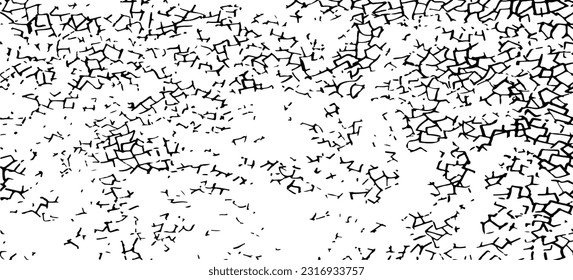 Monochrome texture composed of irregular graphic elements. Distressed uneven grunge background. Abstract vector illustration. Overlay for interesting effect and depth. Isolated on white background.