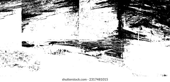Monochrome texture composed of irregular graphic elements. Distressed uneven grunge background. Abstract vector illustration. Overlay for interesting effect and depth. Isolated on white background.