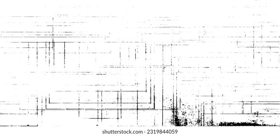 Monochrome texture composed of irregular graphic elements. Distressed uneven grunge background. Abstract vector illustration. Overlay for interesting effect and depth. Isolated on white background.