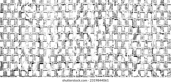 Monochrome texture composed of irregular graphic elements. Distressed uneven grunge background. Abstract vector illustration. Overlay for interesting effect and depth. Isolated on white background.