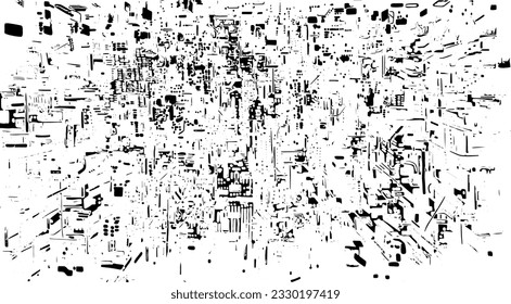 Monochrome texture composed of irregular graphic elements. Distressed uneven grunge background. Abstract vector illustration. Overlay for interesting effect and depth. Isolated on white background.