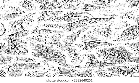 Monochrome texture composed of irregular graphic elements. Distressed uneven grunge background. Abstract vector illustration. Overlay for interesting effect and depth. Isolated on white background.