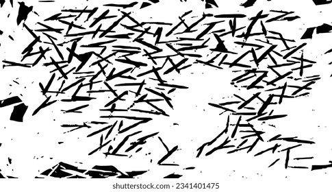 Monochrome texture composed of irregular graphic elements. Distressed uneven grunge background. Abstract vector illustration. Overlay for interesting effect and depth. Isolated on white background.