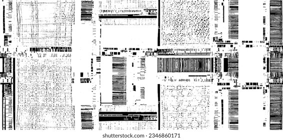 Monochrome texture composed of irregular graphic elements. Distressed uneven grunge background. Abstract vector illustration. Overlay for interesting effect and depth. Isolated on white background.