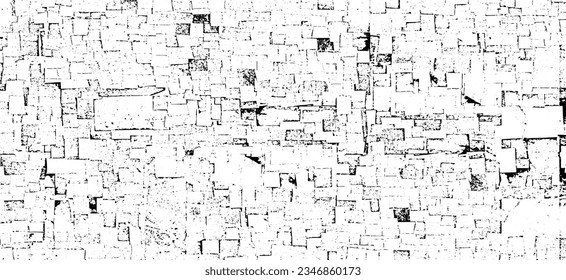 Monochrome texture composed of irregular graphic elements. Distressed uneven grunge background. Abstract vector illustration. Overlay for interesting effect and depth. Isolated on white background.