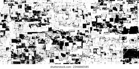 Monochrome texture composed of irregular graphic elements. Distressed uneven grunge background. Abstract vector illustration. Overlay for interesting effect and depth. Isolated on white background.
