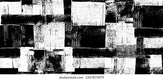 Monochrome texture composed of irregular graphic elements. Distressed uneven grunge background. Abstract vector illustration. Overlay for interesting effect and depth. Isolated on white background.