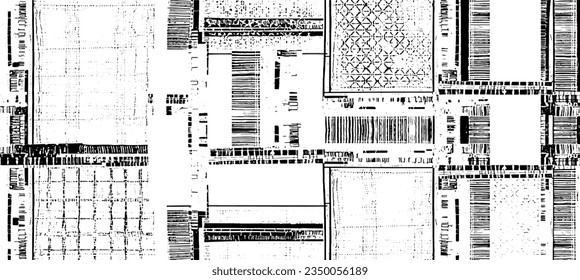Monochrome texture composed of irregular graphic elements. Distressed uneven grunge background. Abstract vector illustration. Overlay for interesting effect and depth. Isolated on white background.