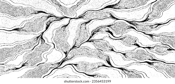 Monochrome texture composed of irregular graphic elements. Distressed uneven grunge background. Abstract vector illustration. Overlay for interesting effect and depth. Isolated on white background.
