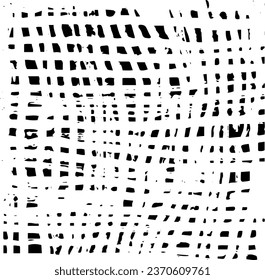 Monochrome texture composed of irregular graphic elements. Distressed uneven grunge background. Abstract vector illustration. Overlay for interesting effect and depth. Isolated on white background.