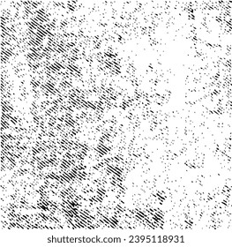 Monochrome texture composed of irregular graphic elements. Distressed uneven grunge background. Abstract vector illustration. Overlay for interesting effect and depth. Isolated on white background.