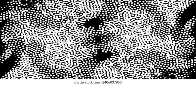 Monochrome texture composed of irregular graphic elements. Distressed uneven grunge background. Abstract vector illustration. Overlay for interesting effect and depth. Isolated on white background.