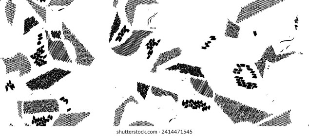 Monochrome texture composed of irregular graphic elements. Distressed uneven grunge background. Abstract vector illustration. Overlay for interesting effect and depth. Isolated on white background.
