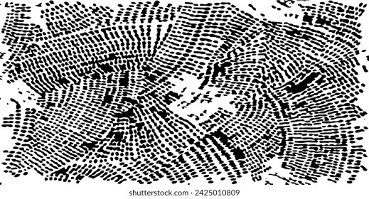 Monochrome texture composed of irregular graphic elements. Distressed uneven grunge background. Abstract vector illustration. Overlay for interesting effect and depth. Isolated on white background.