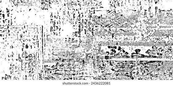 Monochrome texture composed of irregular graphic elements. Distressed uneven grunge background. Abstract vector illustration. Overlay for interesting effect and depth. Isolated on white background.