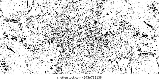 Monochrome texture composed of irregular graphic elements. Distressed uneven grunge background. Abstract vector illustration. Overlay for interesting effect and depth. Isolated on white background.