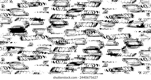Monochrome texture composed of irregular graphic elements. Distressed uneven grunge background. Abstract vector illustration. Overlay for interesting effect and depth. Isolated on white background.