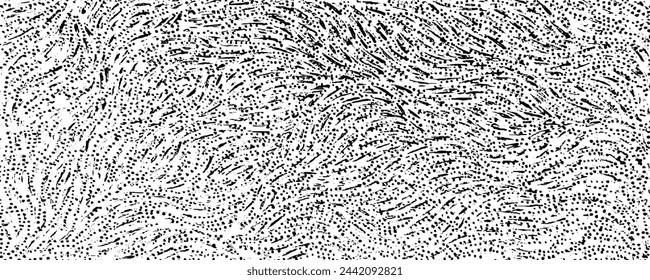 Monochrome texture composed of irregular graphic elements. Distressed uneven grunge background. Abstract vector illustration. Overlay for interesting effect and depth. Isolated on white background.