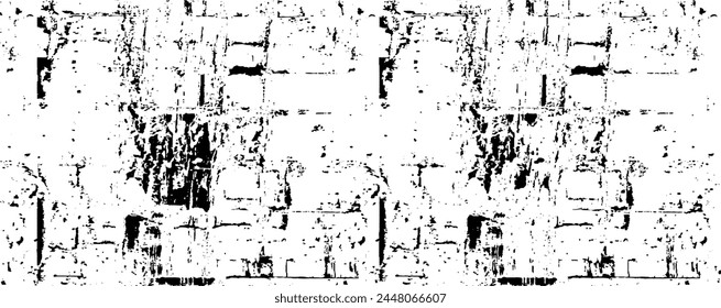 Monochrome texture composed of irregular graphic elements. Distressed uneven grunge background. Abstract vector illustration. Overlay for interesting effect and depth. Isolated on white background.