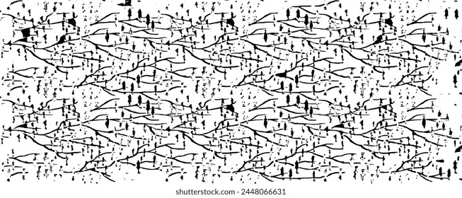Monochrome texture composed of irregular graphic elements. Distressed uneven grunge background. Abstract vector illustration. Overlay for interesting effect and depth. Isolated on white background.
