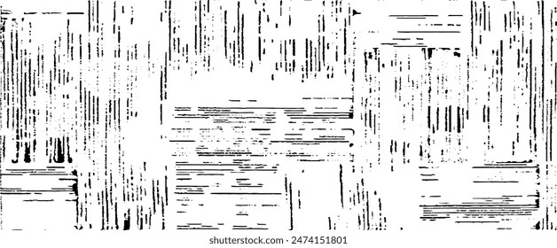 Monochrome texture composed of irregular graphic elements. Distressed uneven grunge background. Abstract vector illustration. Overlay for interesting effect and depth. Isolated on white background.