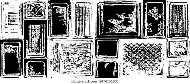 Textura monocromática compuesta por Elementos gráficos irregulares. Fondo de grunge desigual angustiado. Abstractas Ilustración vectorial. Superposición para un efecto y una profundidad interesantes. Aislado sobre fondo blanco.