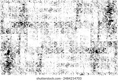 Monochrome Textur aus unregelmäßigen grafischen Elementen. Bedrückter unebener Grunge Hintergrund. Abstrakte Vektorillustration. Overlay für interessante Wirkung und Tiefe. Isoliert auf weißem Hintergrund.
