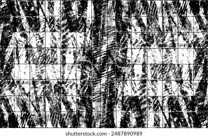 Monochrome Textur aus unregelmäßigen grafischen Elementen. Bedrückter unebener Grunge Hintergrund. Abstrakte Vektorillustration. Overlay für interessante Wirkung und Tiefe. Isoliert auf weißem Hintergrund.