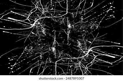 Monochrome texture composed of irregular graphic elements. Distressed uneven grunge background. Abstract vector illustration. Overlay for interesting effect and depth. Isolated on white background.
